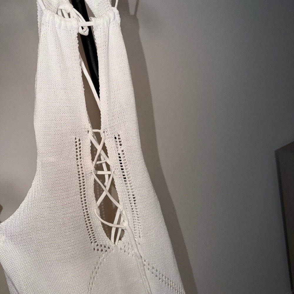 White Knit Lace Up Front Cut Out Maxi Dress Sexy Beach Cover Up Sleeveless M - Picture 3 of 8